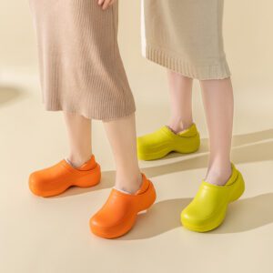 Two women wearing orange and yellow shoes