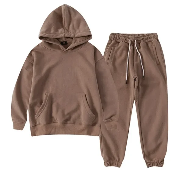 A brown hoodie and pants are shown.