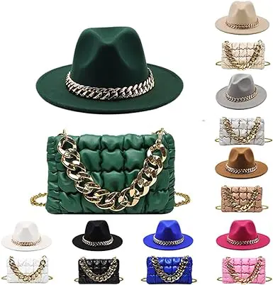 A bunch of hats and purses that are all different colors