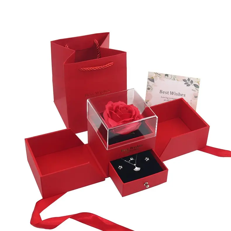 A red box with a rose inside of it.