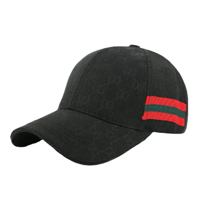 A black hat with red stripes on it.