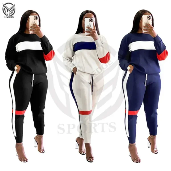 A woman in three different colored sweatsuits.