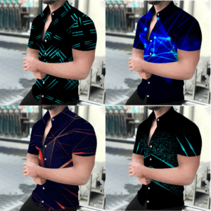 A man wearing four different colored shirts.