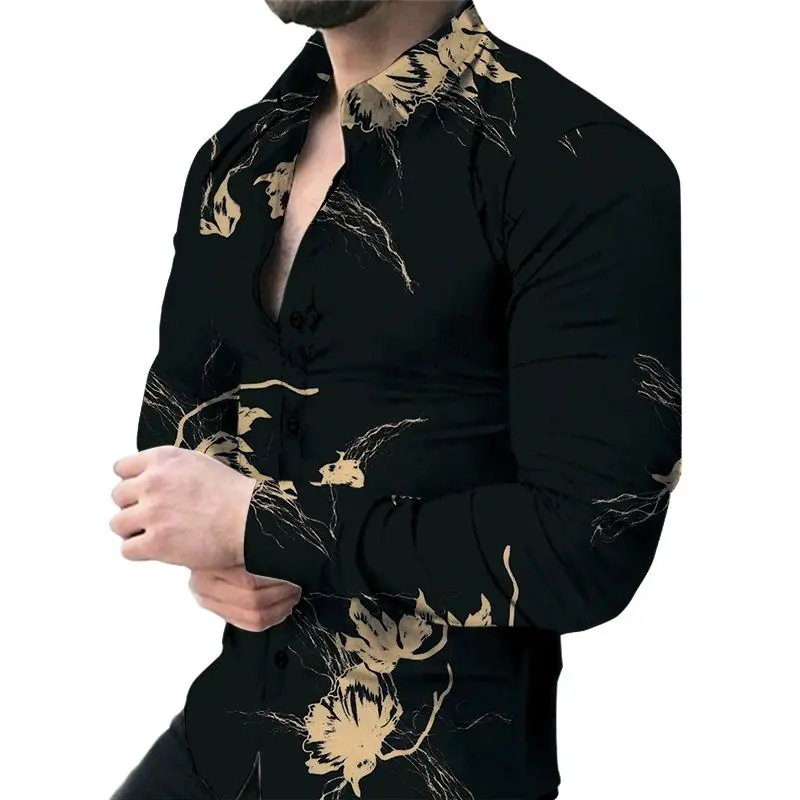 A man wearing black and gold floral shirt.