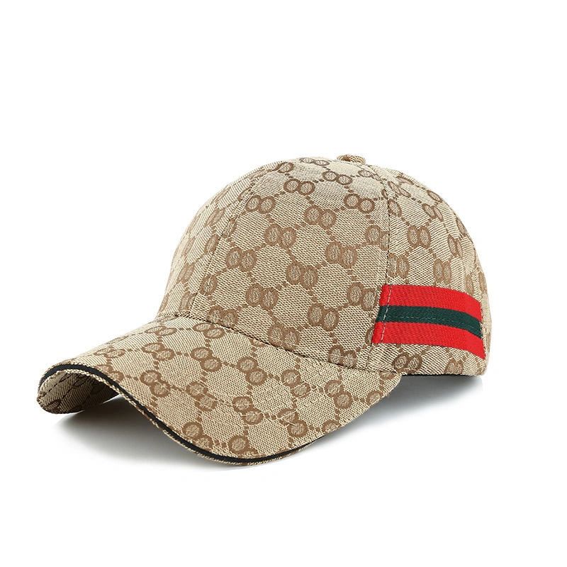 A baseball cap with a red and black stripe on it.