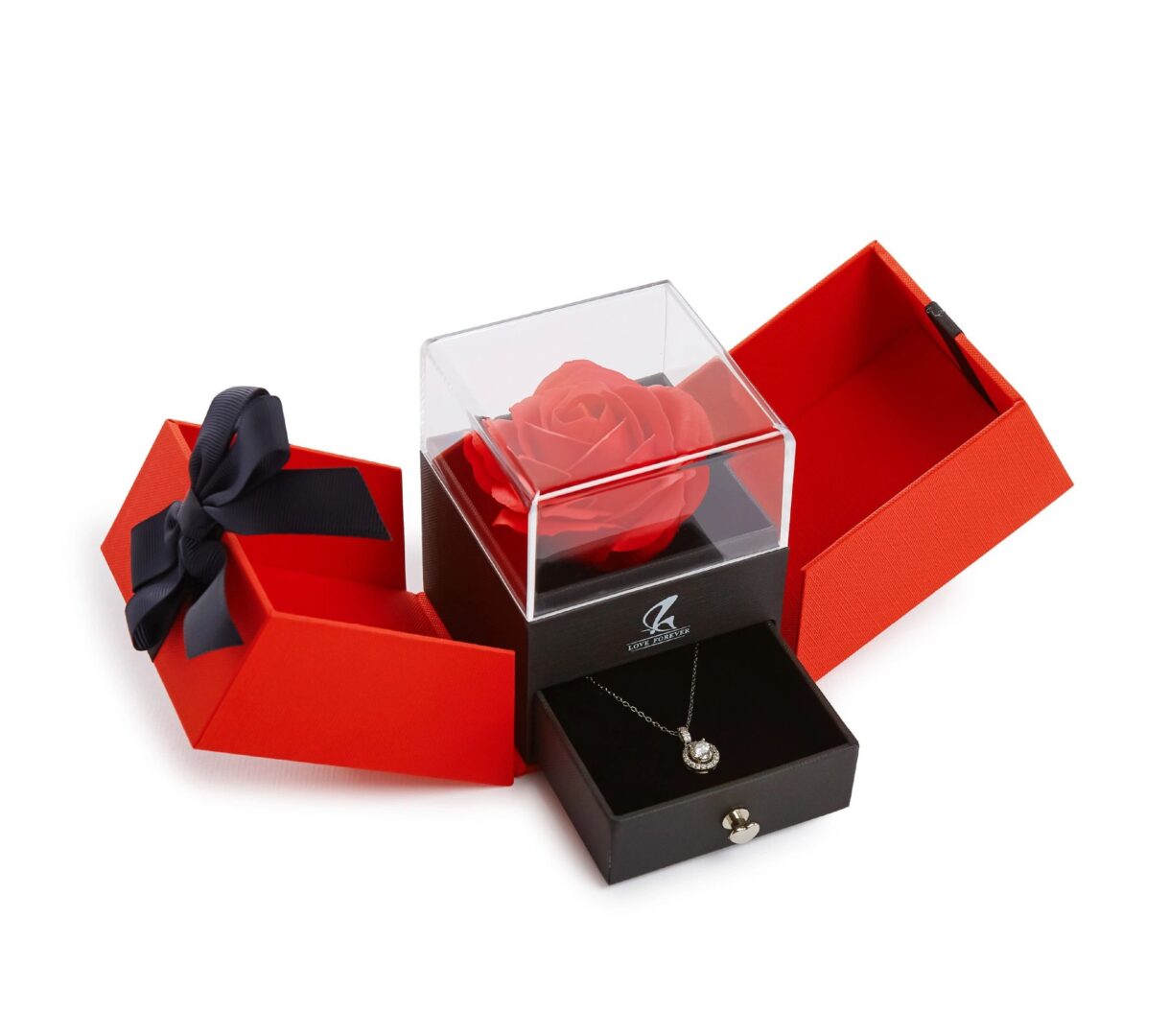 A red rose in a box with a necklace.